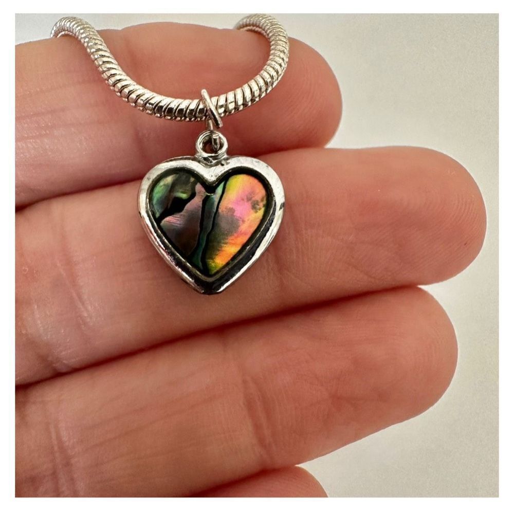 Silver tone abalone heart pendant necklace